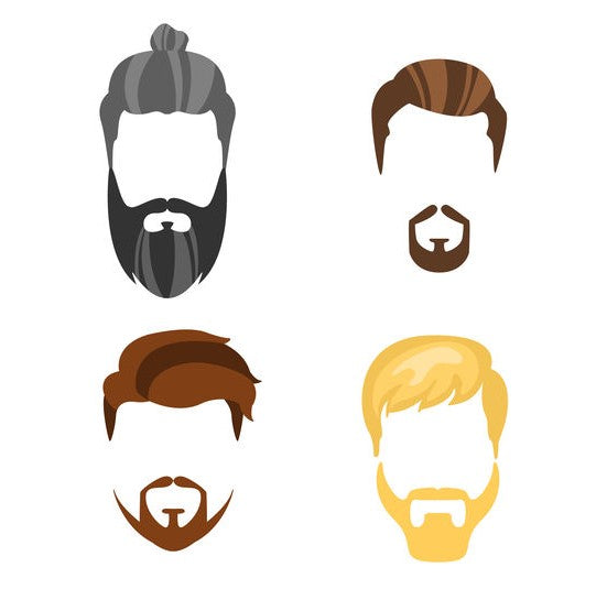 Different male hairstyles ranging from beards and mustaches to hipster types of haircuts in a vector illustration